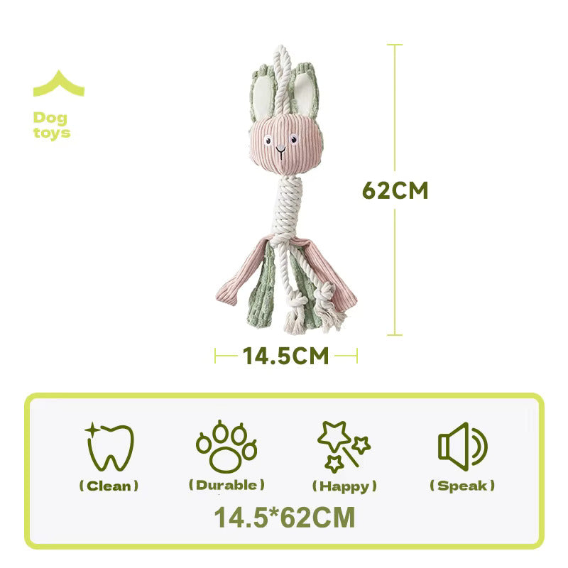 Large squeaky rope toy 62x14.5cm size and feature icons – Malpetit
