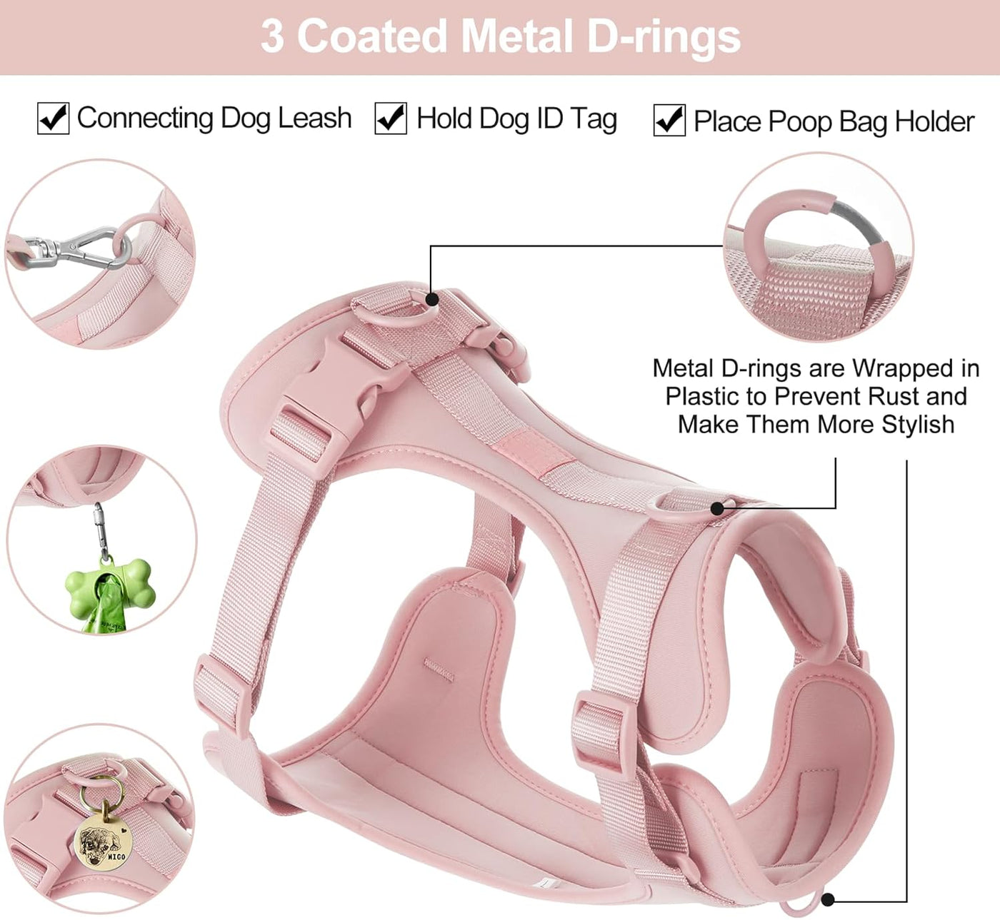 Pink harness three metal D-rings feature – Malpetit