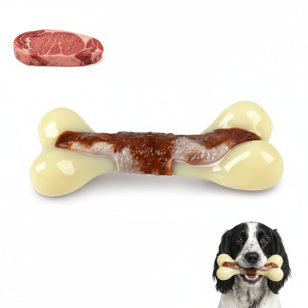 Beef-scented bone chew toy with steak and dog – Malpetit