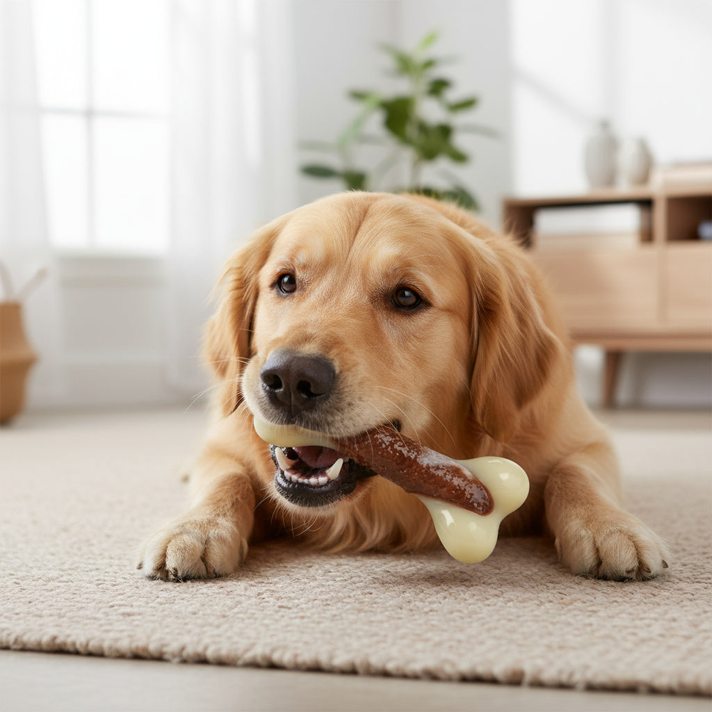 Golden retriever chewing beef-scented bone at home – Malpetit