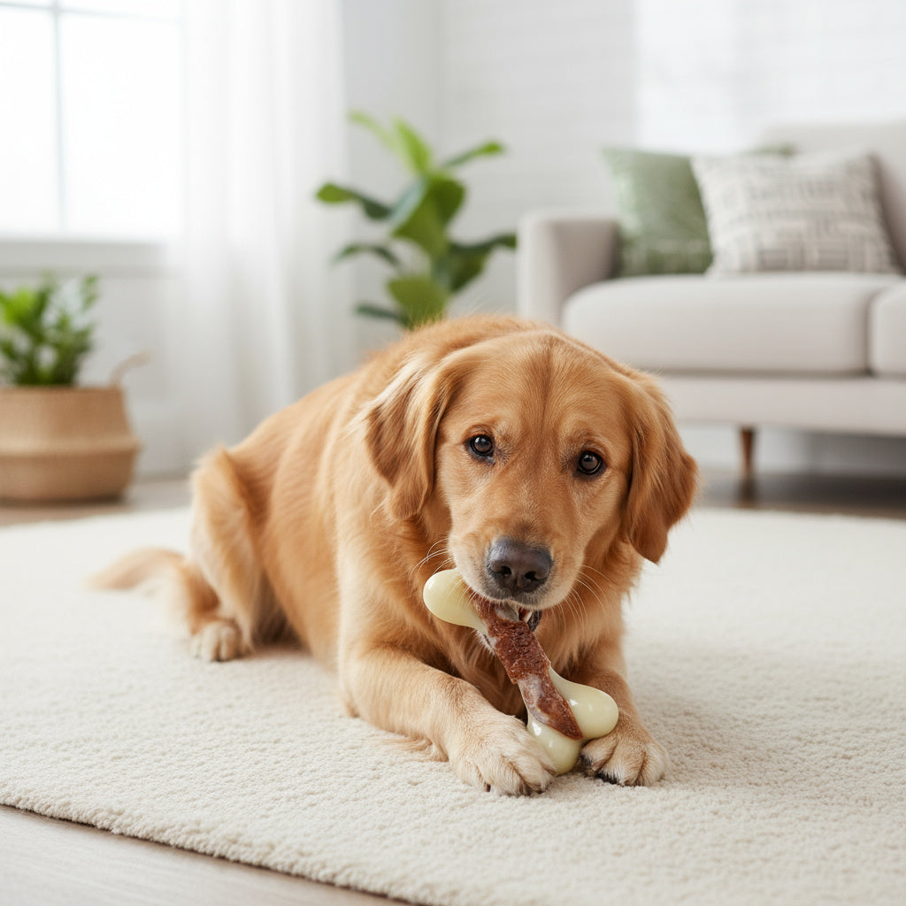 Golden retriever enjoying beef-scented bone in living room – Malpetit