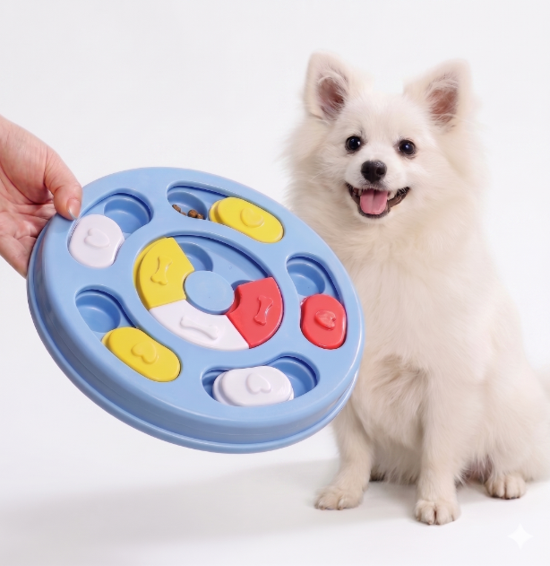 Spitz dog with interactive treat puzzle toy – Malpetit