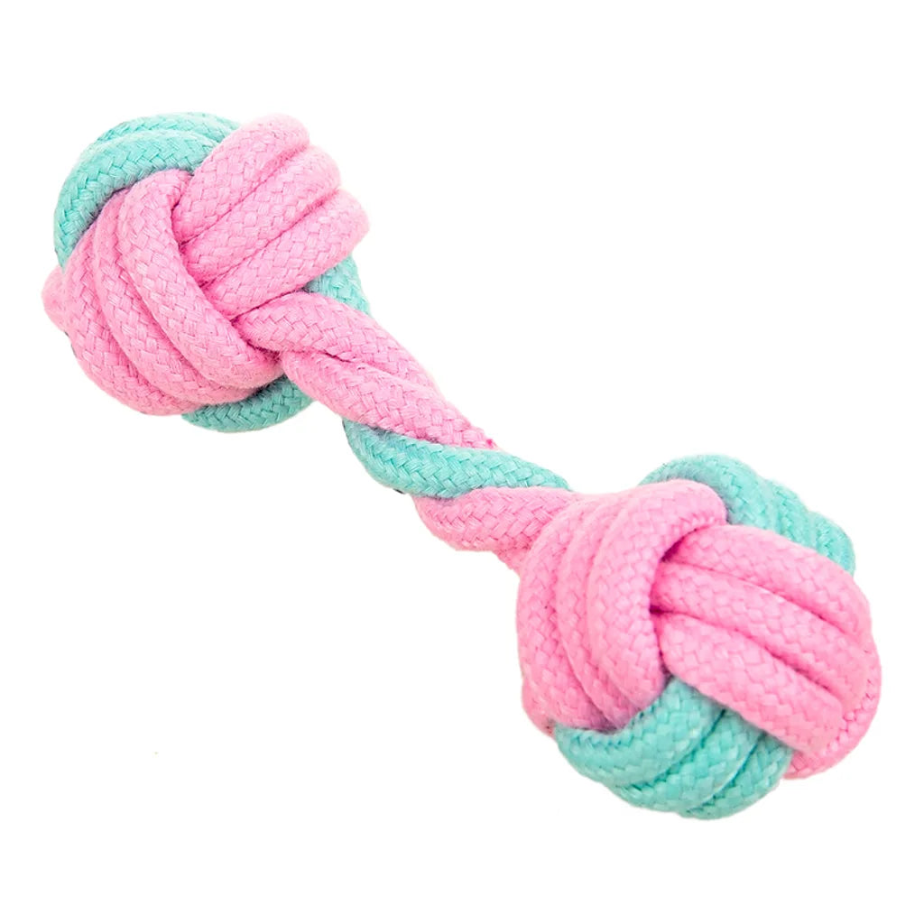 Knotted cotton rope dumbbell toy in pastel pink and mint – Malpetit