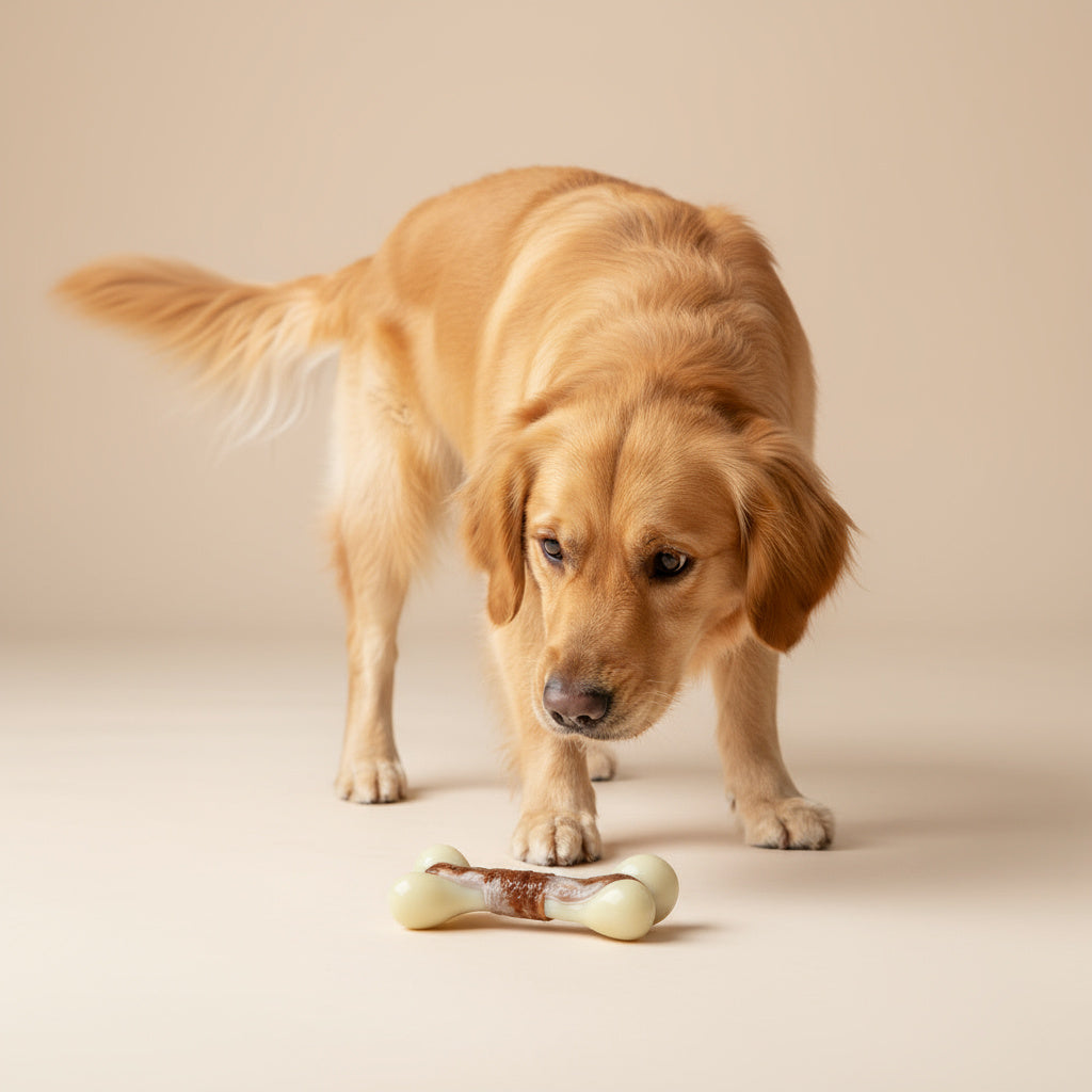 Golden retriever sniffing beef-scented bone chew toy – Malpetit