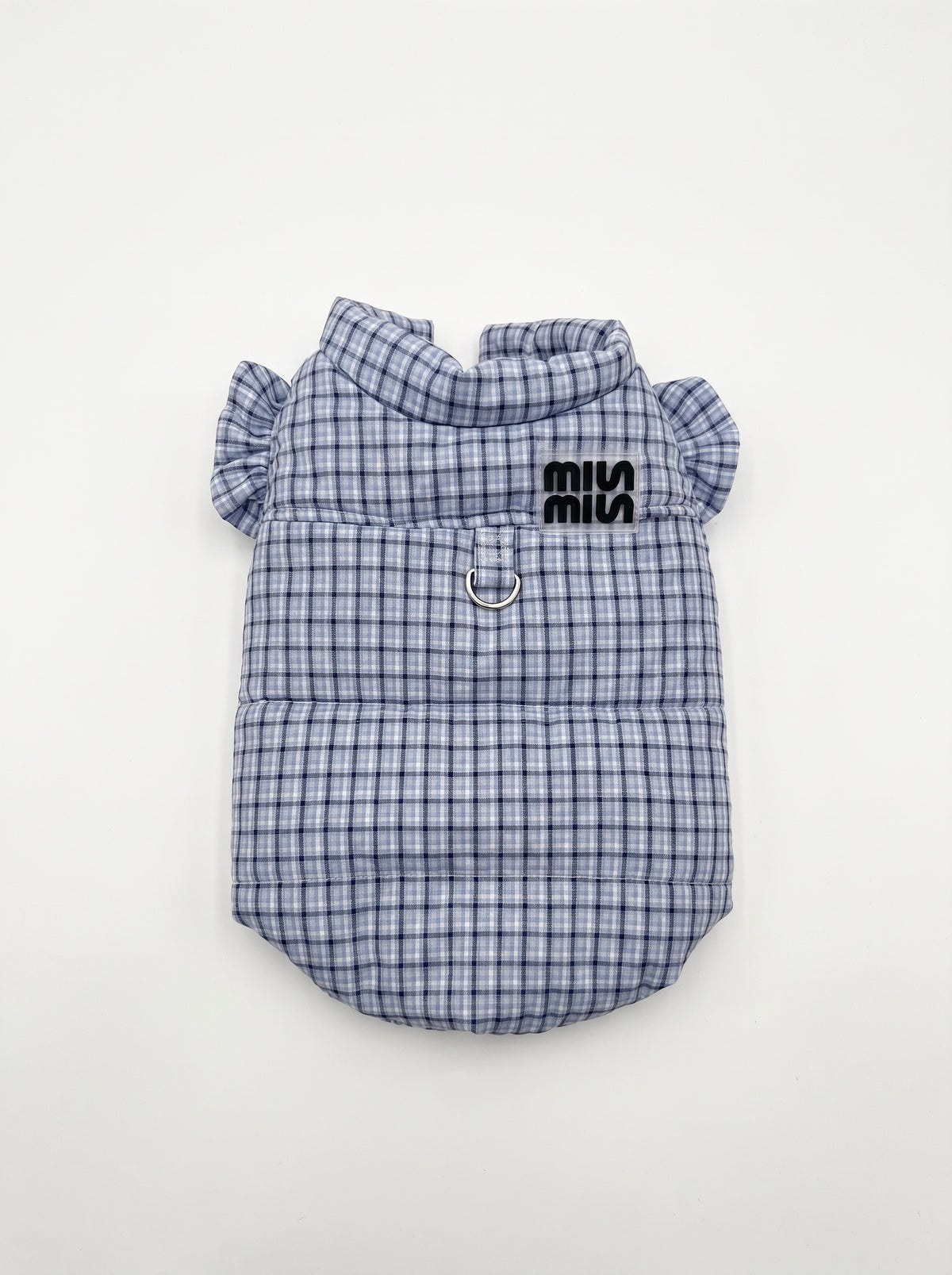 Blair blue check padded dog gilet, flat lay back view with stand collar, frills and D-ring - Malpetit