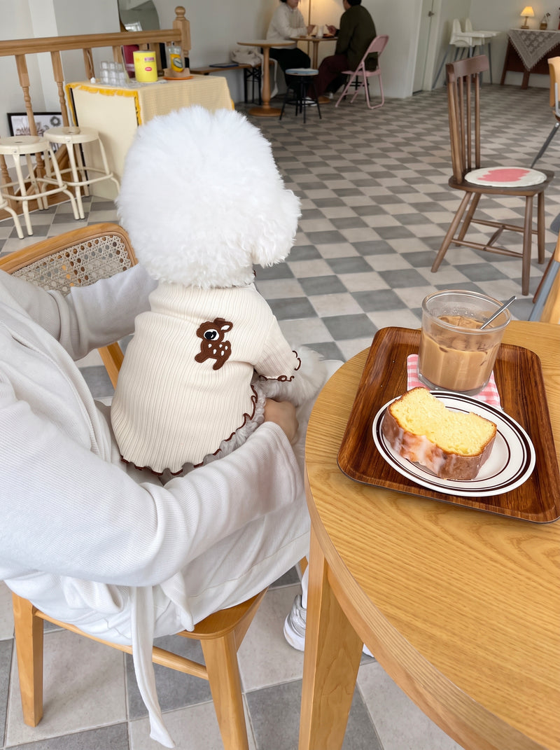 Bichon in a cafe wearing the Dear Doe white ribbed long-sleeve dog T-shirt with embroidered fawn - Malpetit