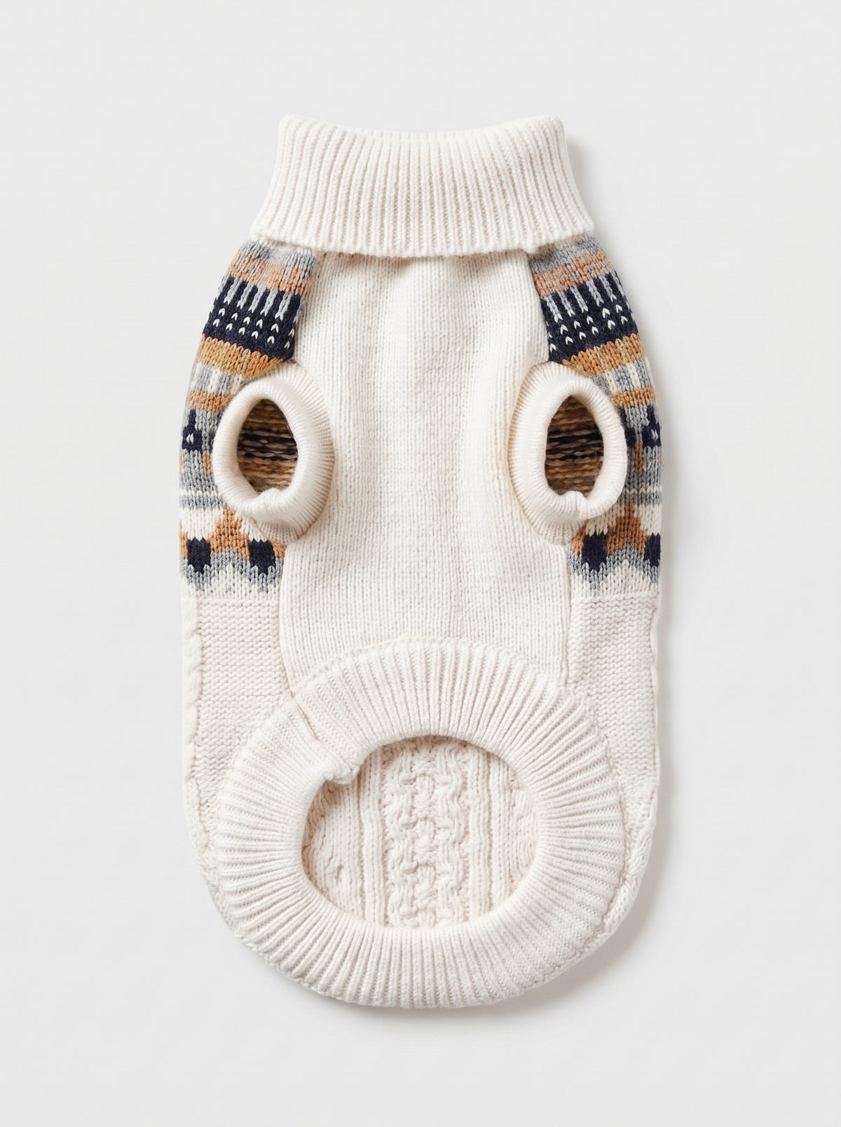 Chalet Blanc cream cotton-knit dog sweater, underside view with leg openings and ribbed turtleneck - Malpetit