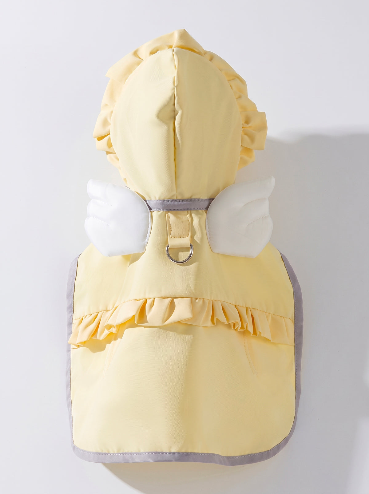 Angel Drops yellow dog raincoat, flat lay back view with angel wings, D-ring and frill - Malpetit