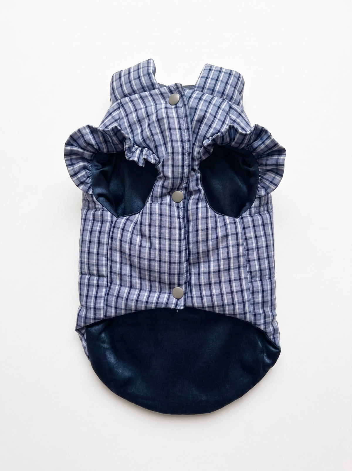 Blair blue check padded dog gilet, flat lay front view with snap buttons and navy lining - Malpetit