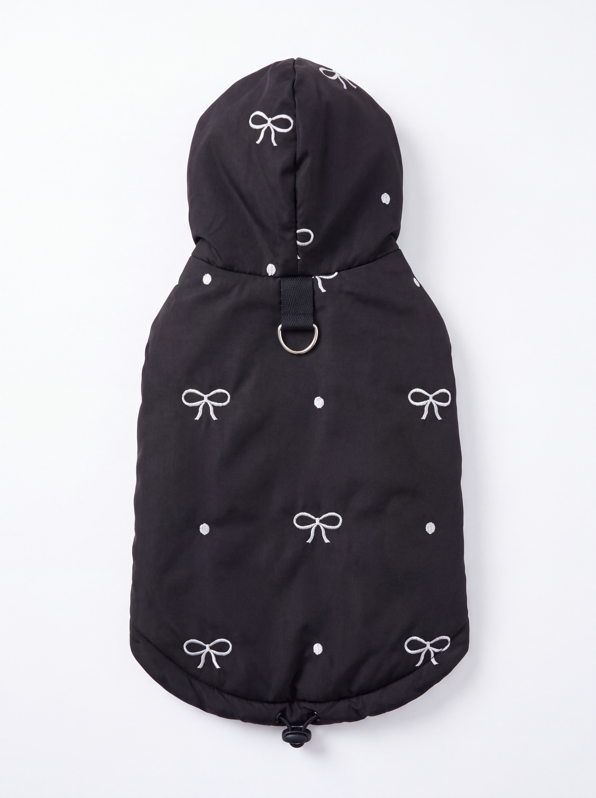 Black BowBow dog puffer gilet with hood, white embroidered bows and a D-ring, back view - Malpetit
