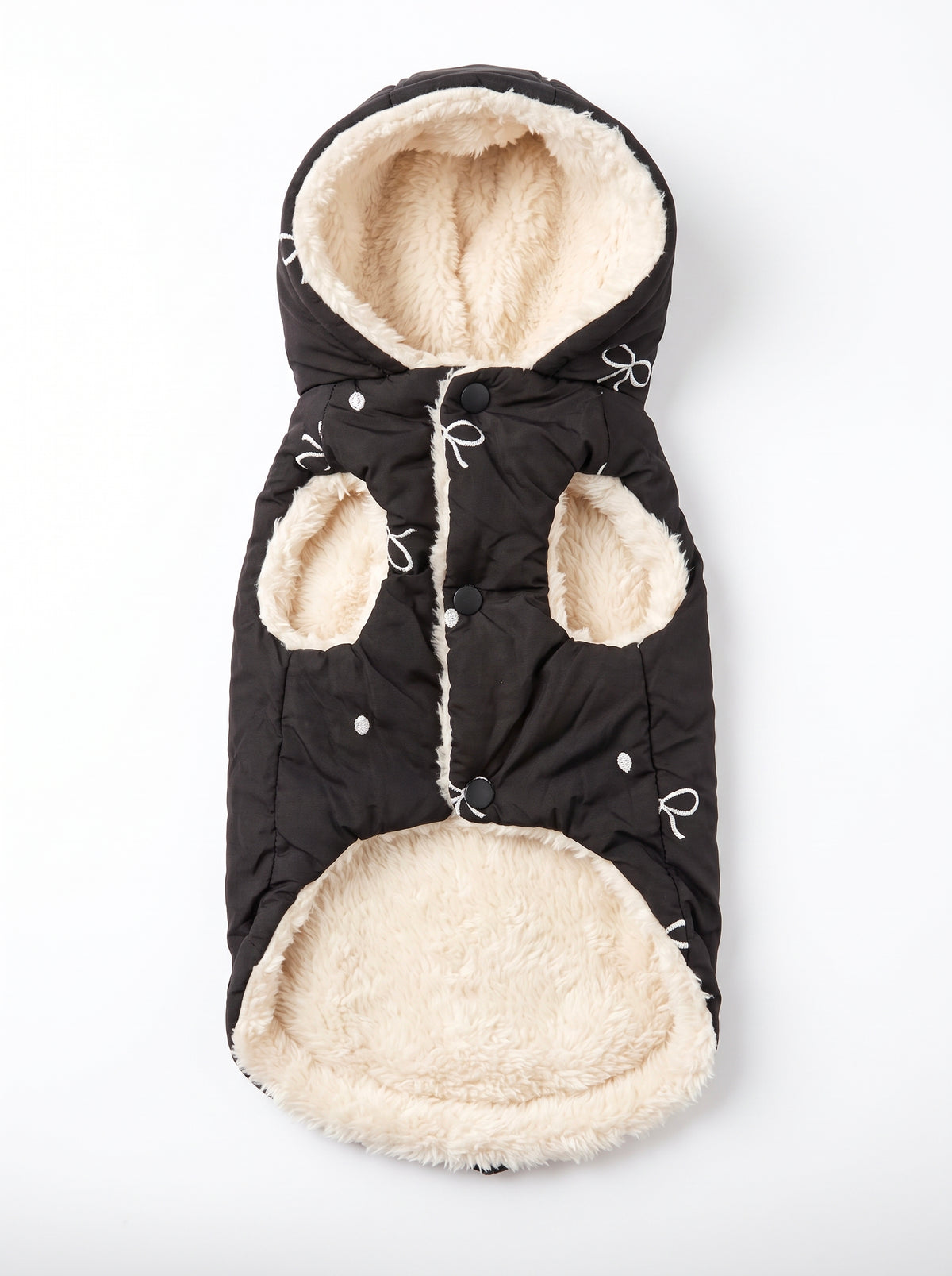 Black BowBow dog gilet showing cream fleece lining and snap-button fastening, inside view - Malpetit