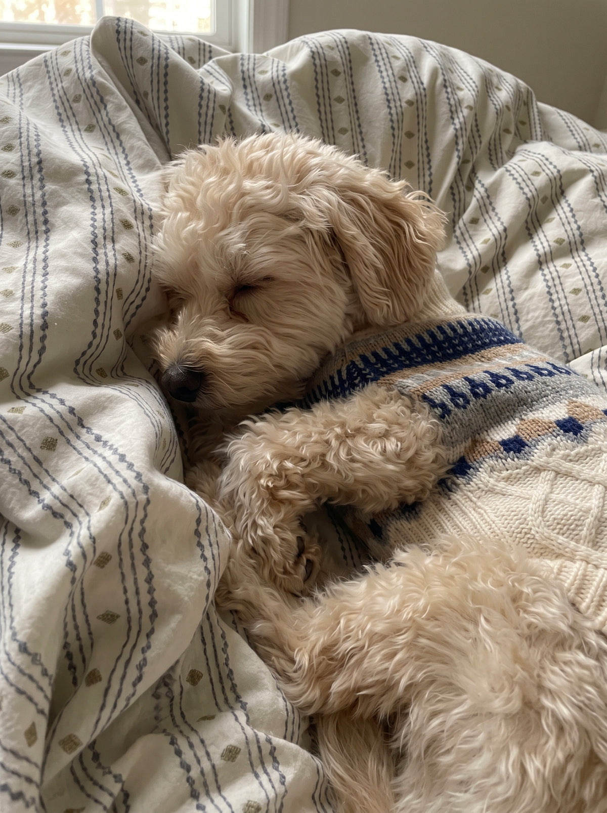 Doodle sleeping on a bed in the Chalet Blanc cream dog sweater - Malpetit