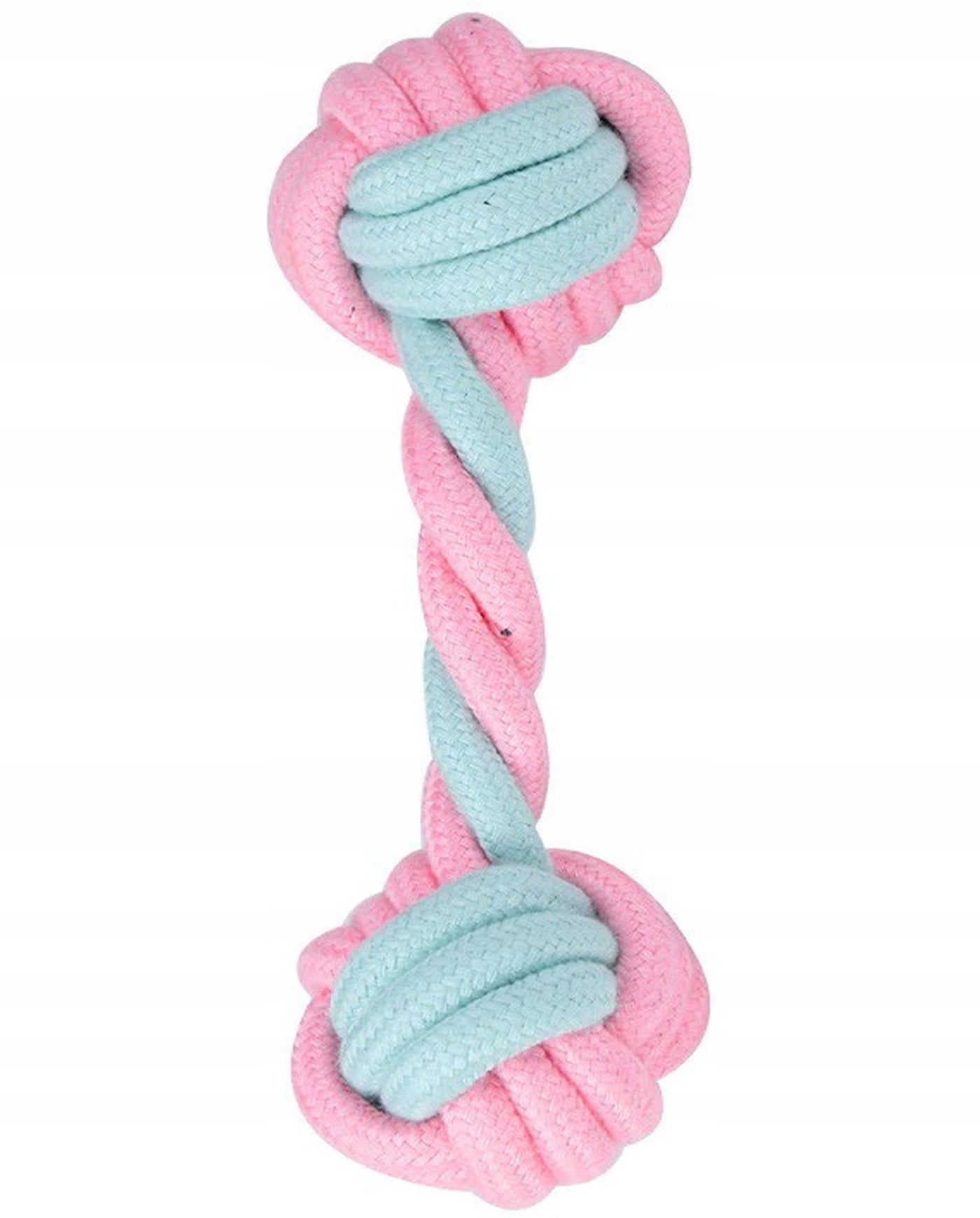 Pink and mint cotton rope dumbbell dog toy upright view – Malpetit