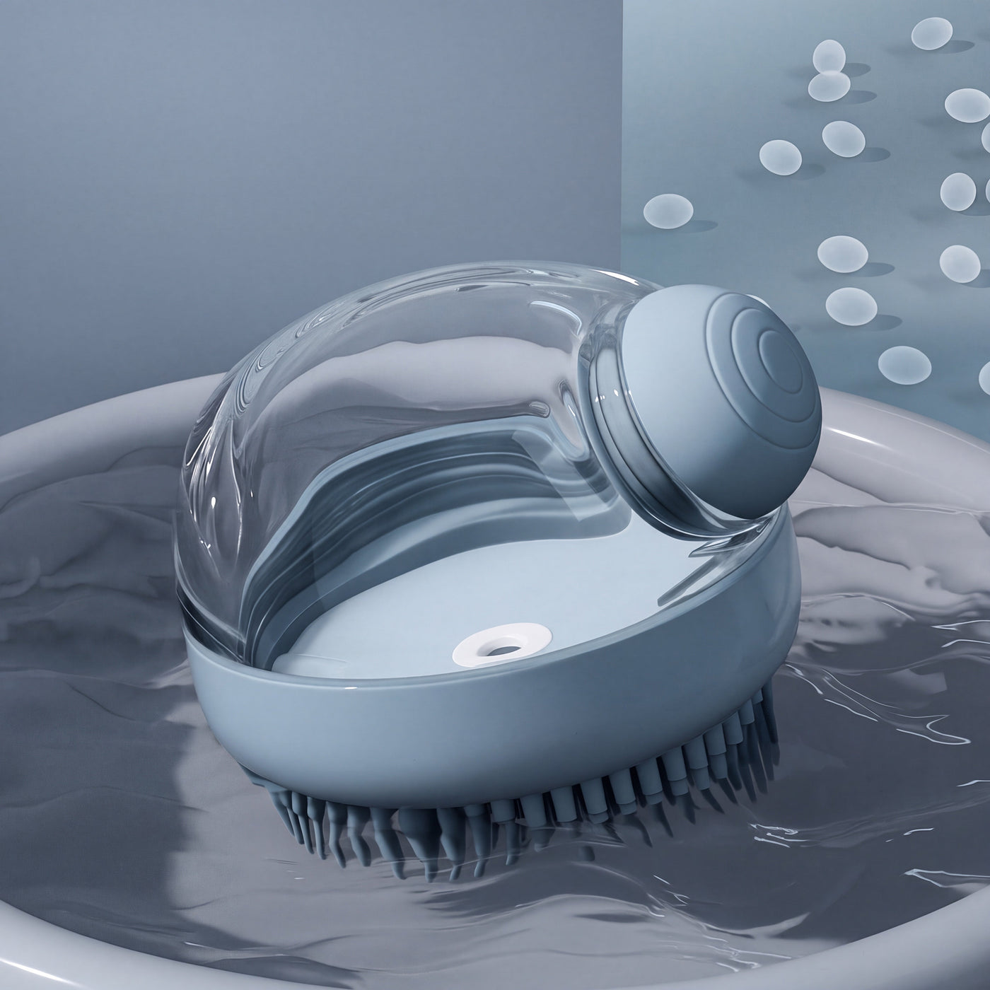 Grey silicone bath brush stylized in water render – Malpetit