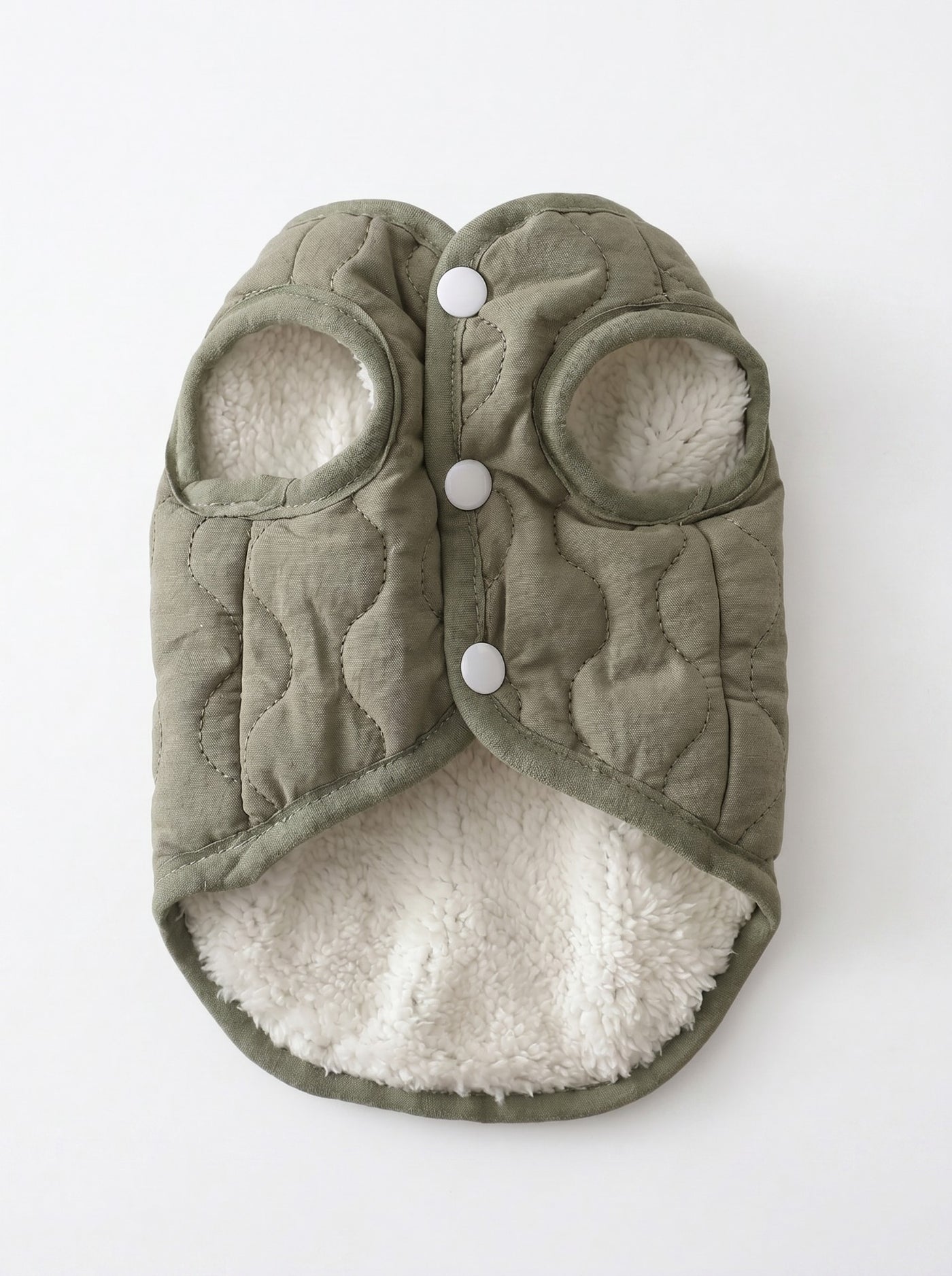 Sage dog vest in khaki flat lay with white fleece lining – Malpetit