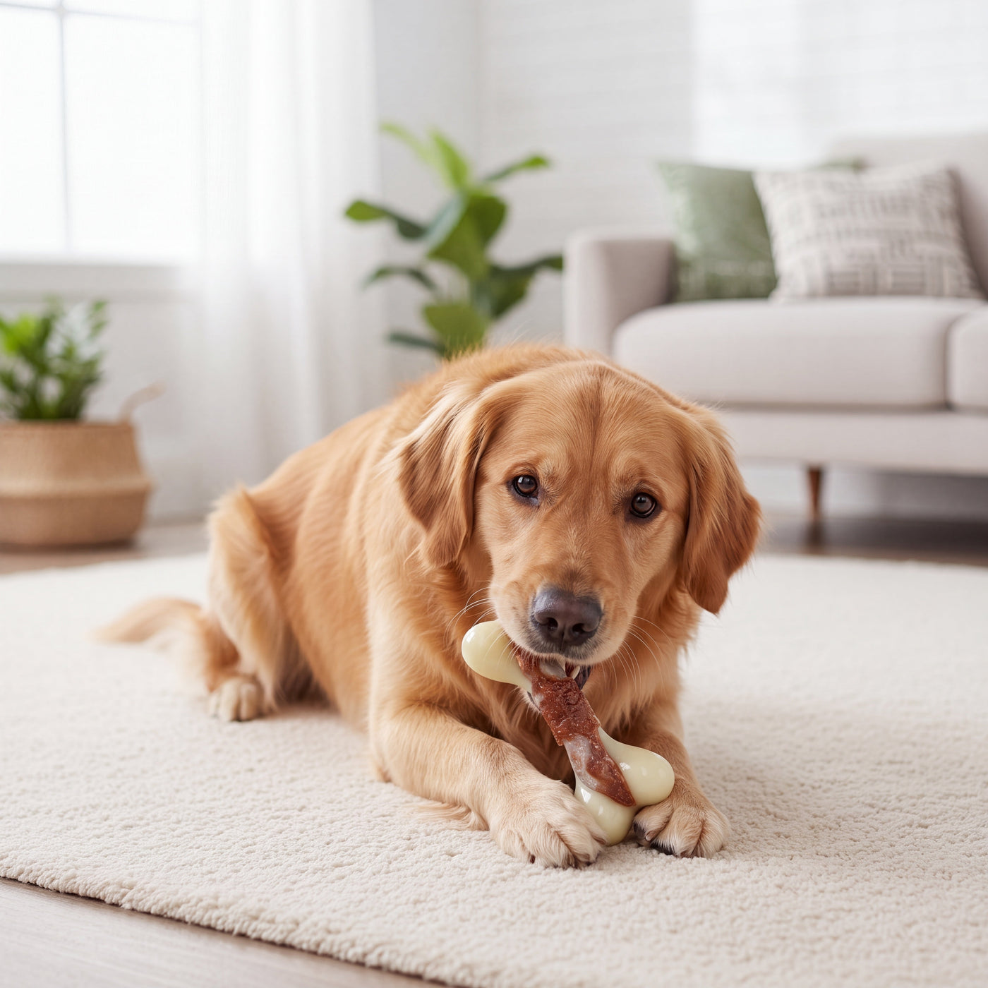 Golden retriever enjoying beef-scented bone in living room – Malpetit
