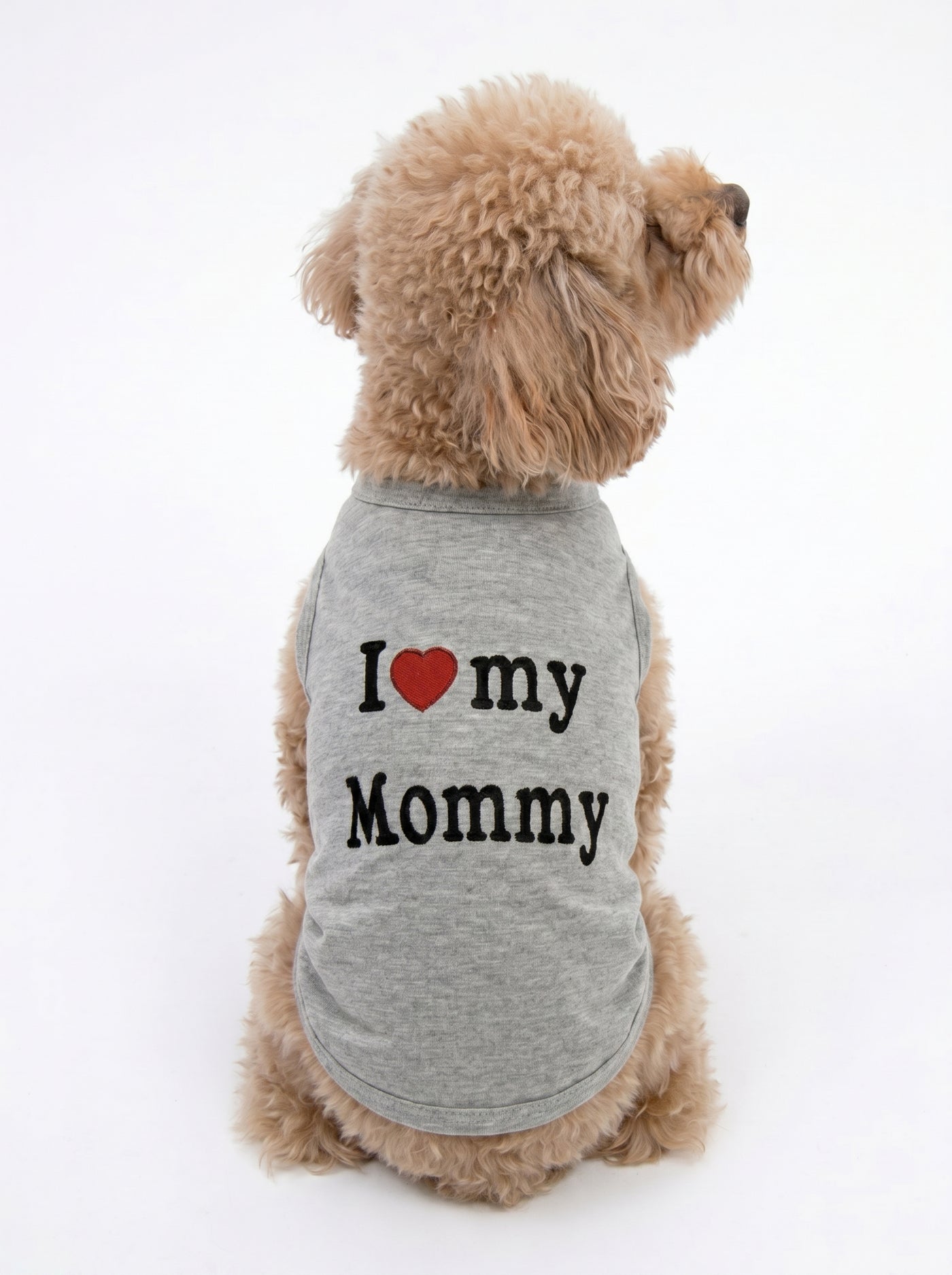 Brown poodle from behind in I love my Mommy dog t-shirt grey – Malpetit