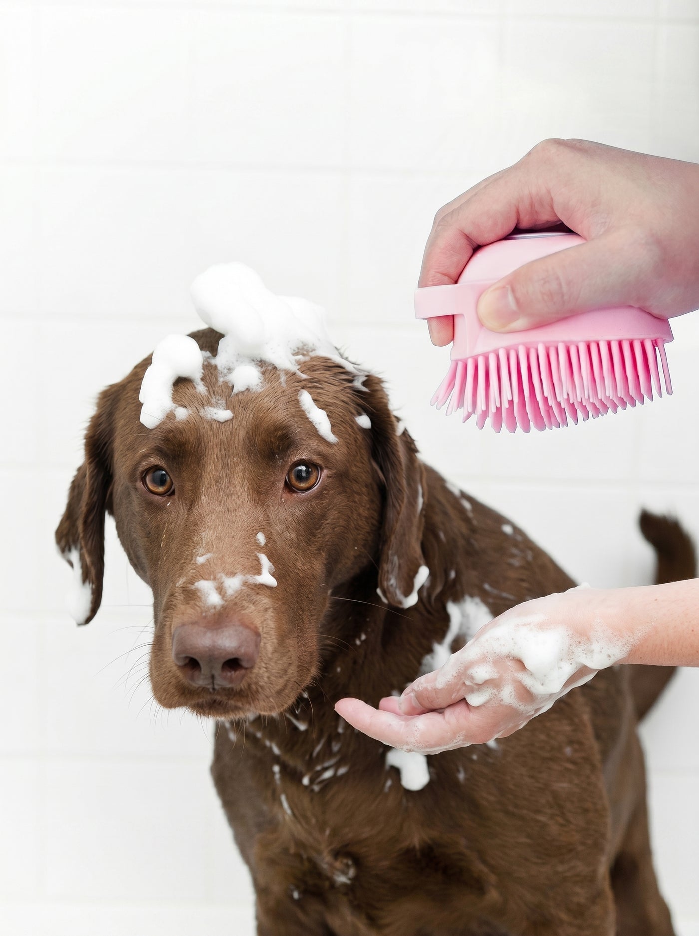 Dog being washed with pink silicone bath brush – Malpetit