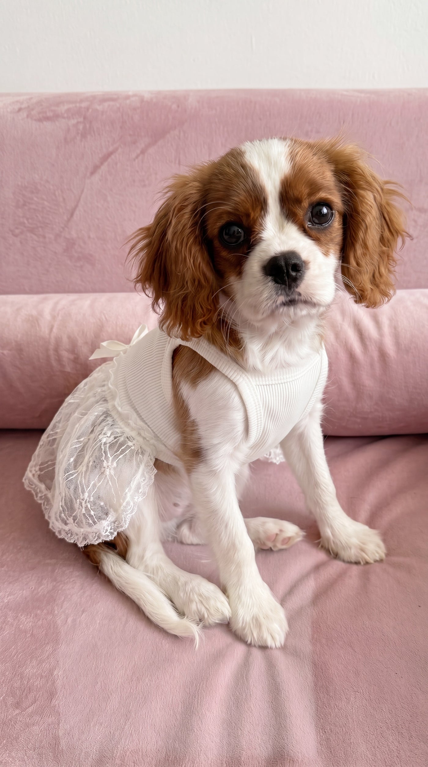 Small dog wearing Pearl dress in white outdoors – Malpetit