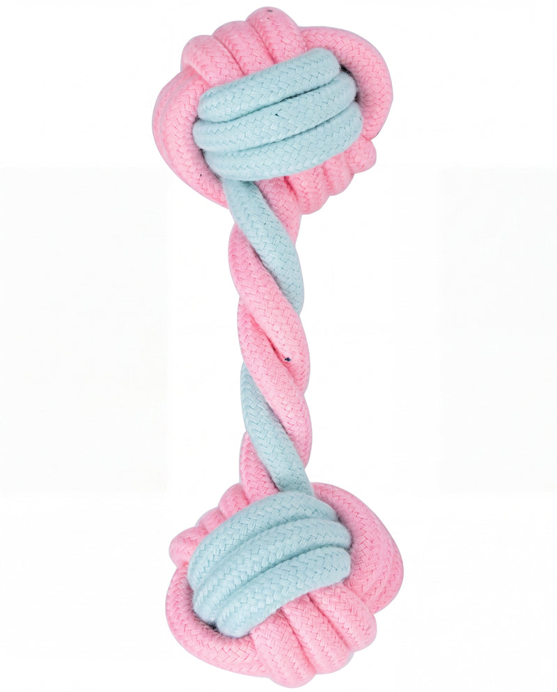 Pink and mint cotton rope dumbbell dog toy upright view – Malpetit