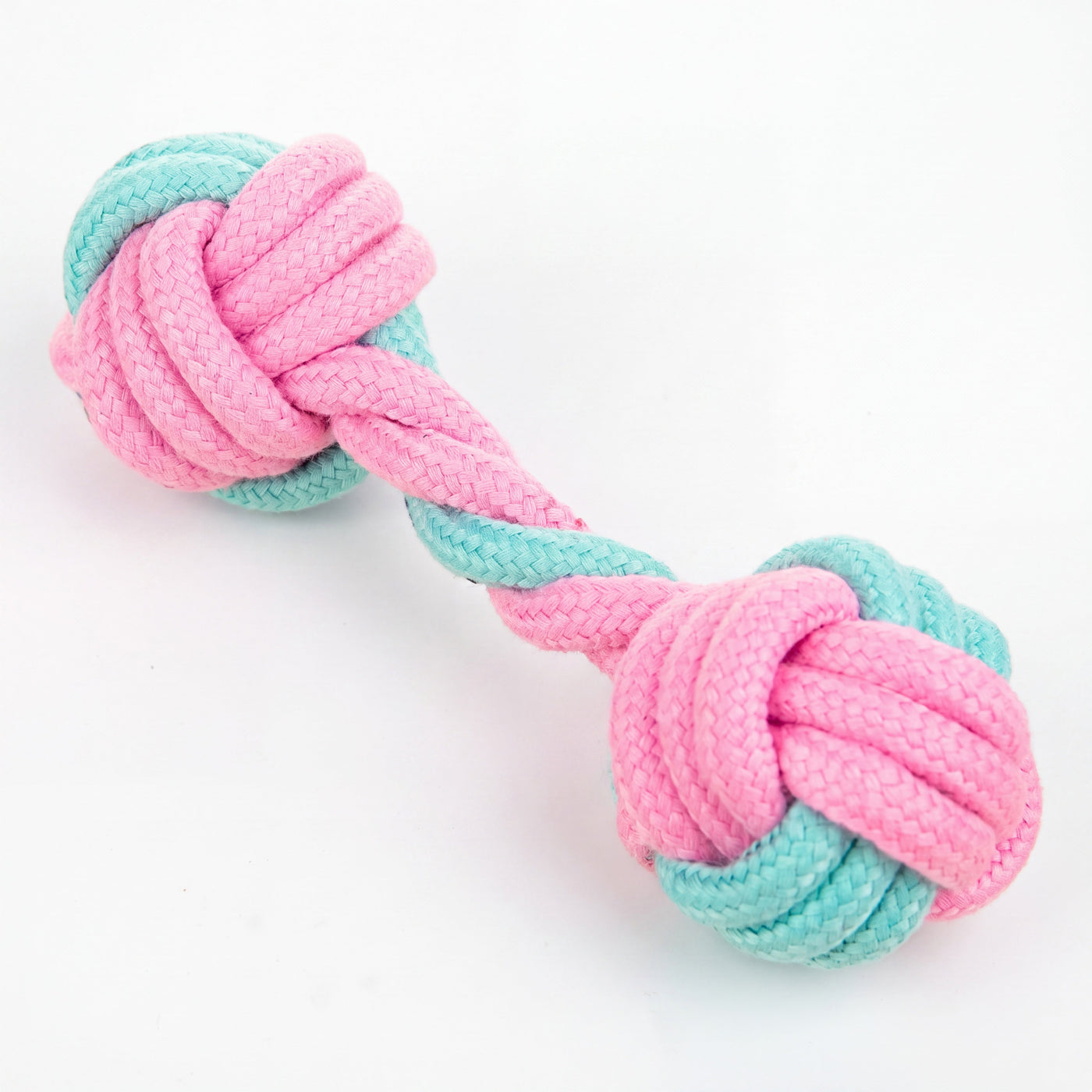 Knotted cotton rope dumbbell toy in pastel pink and mint – Malpetit