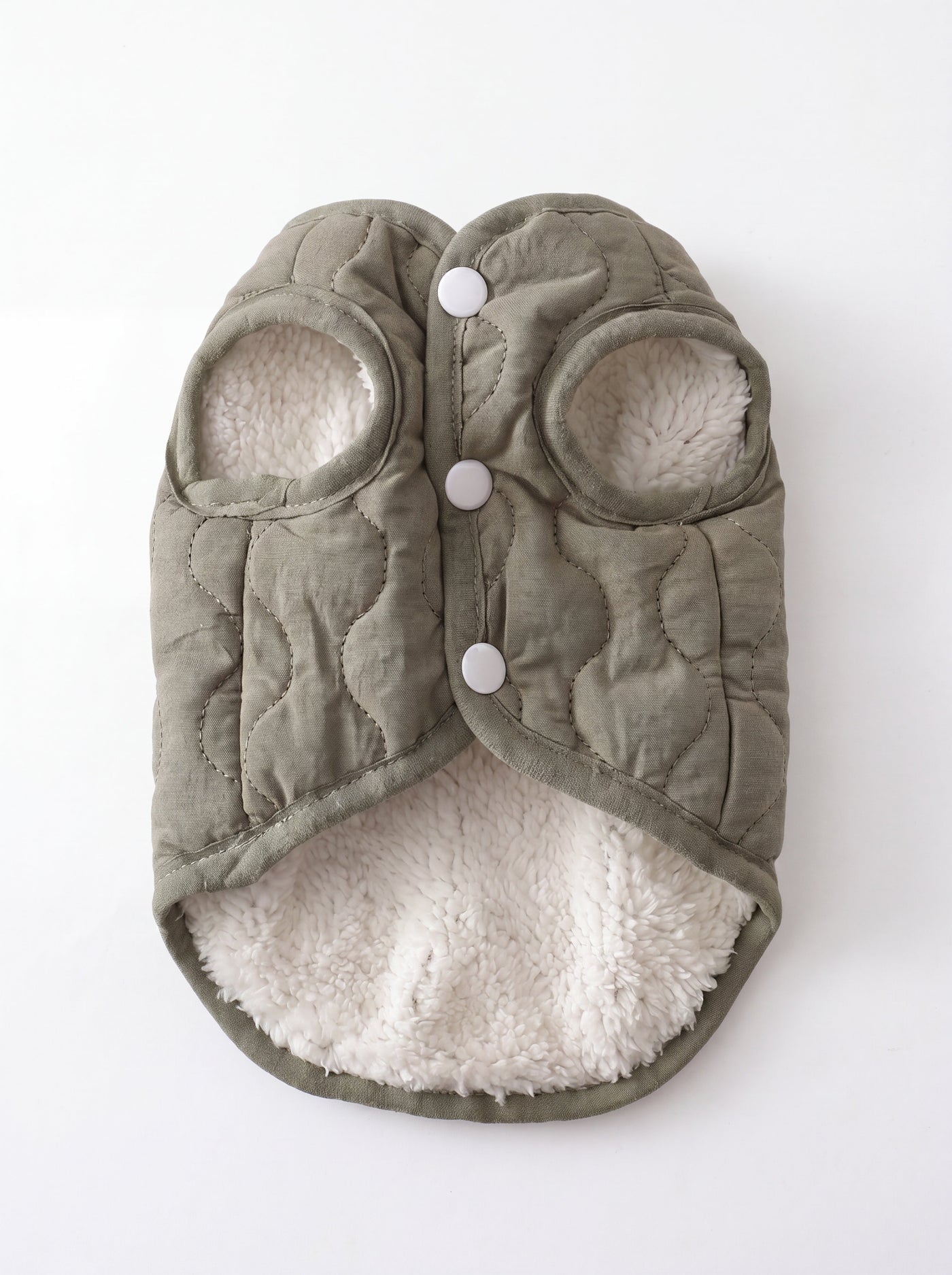 Sage dog vest in khaki flat lay with white fleece lining – Malpetit