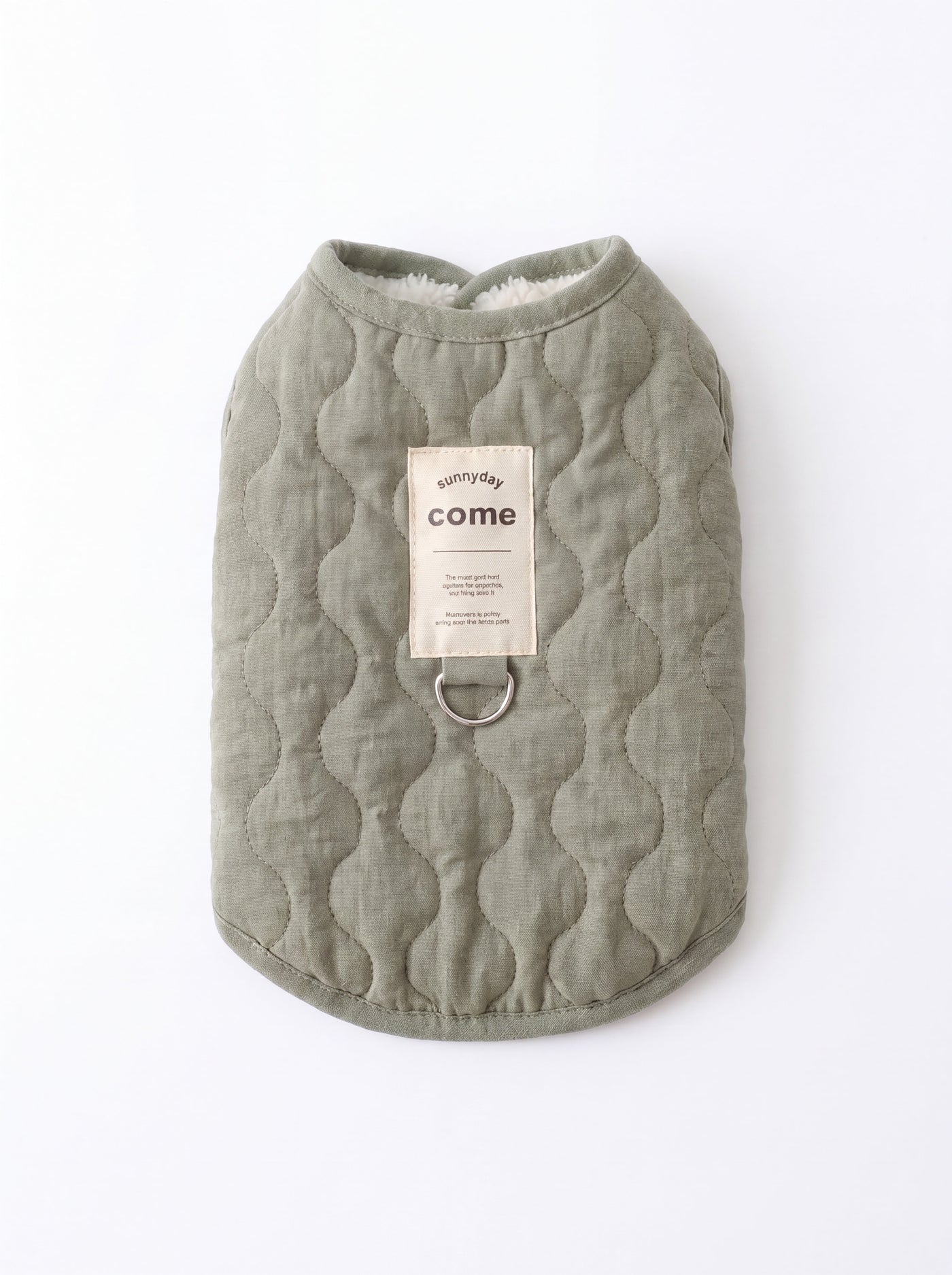 Sage dog vest in khaki back view with sunnyday hangtag flat lay – Malpetit
