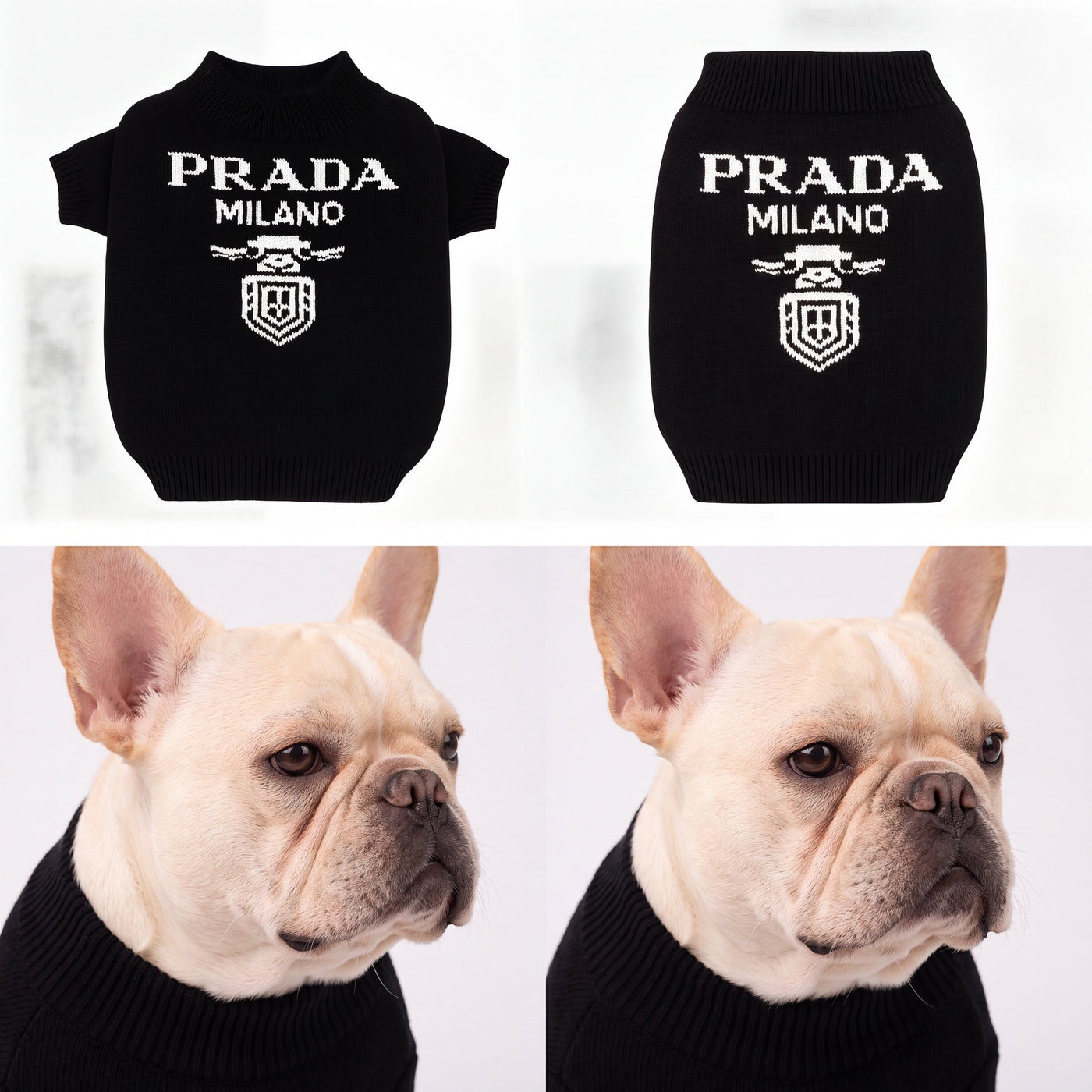 Slogan print knit dog sweater black front and back views with French bulldog – Malpetit