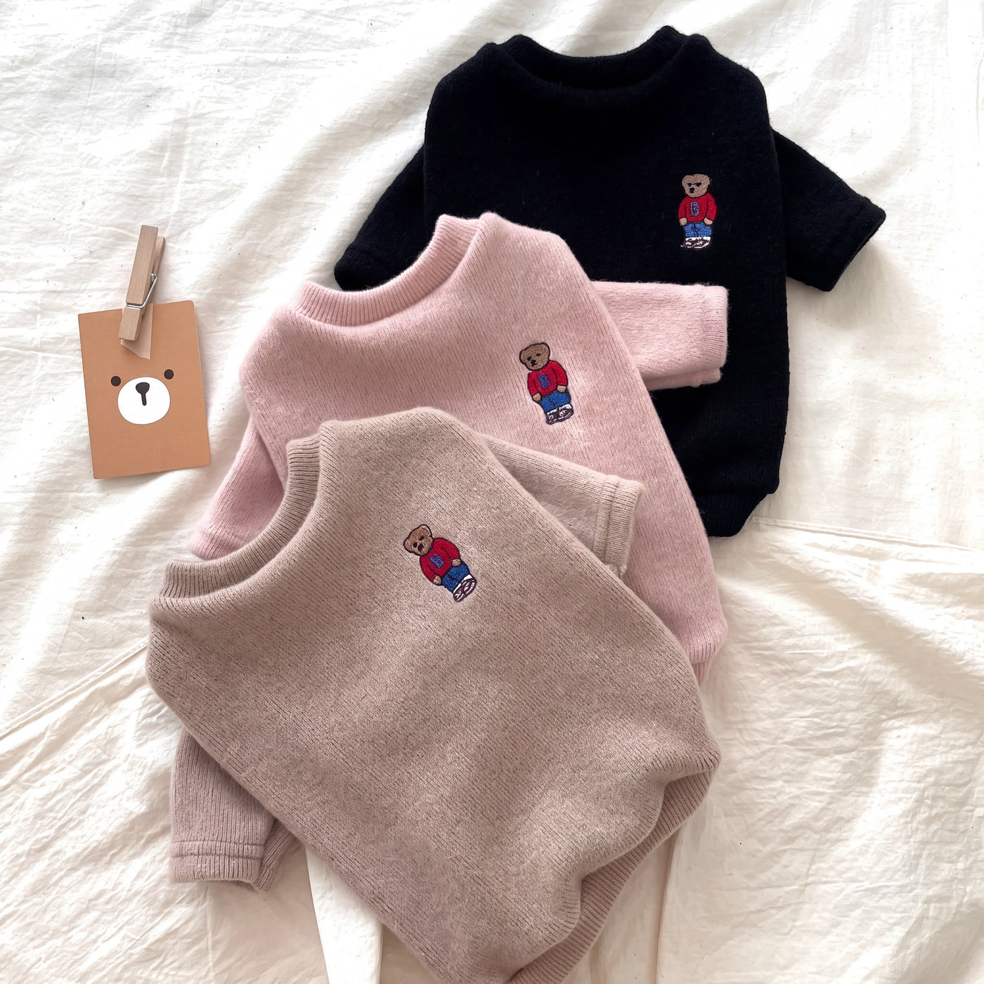 Sunday dog polo sweater flat lay black pink beige with bear tag – Malpetit