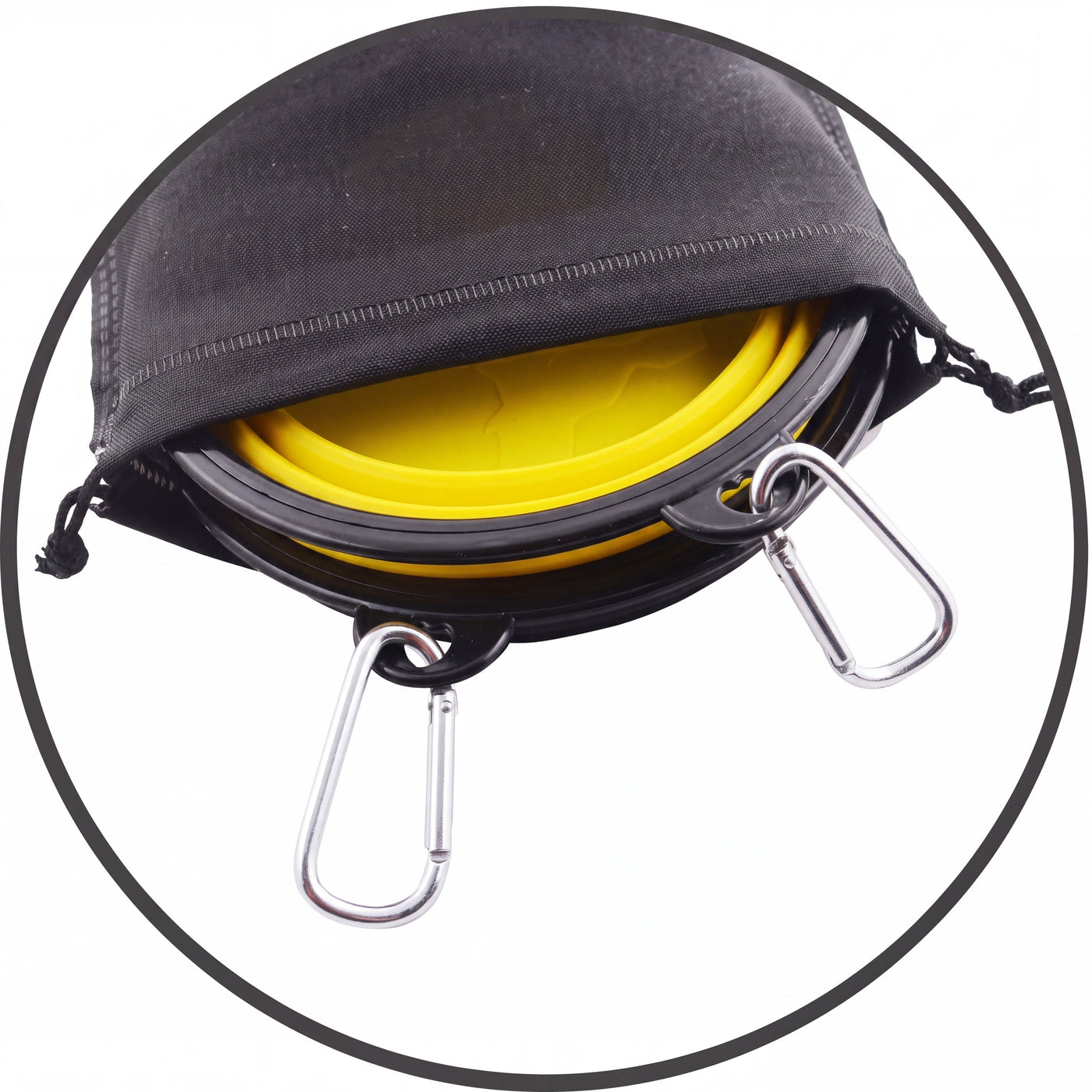 Yellow foldable bowl in travel pouch with carabiner – Malpetit