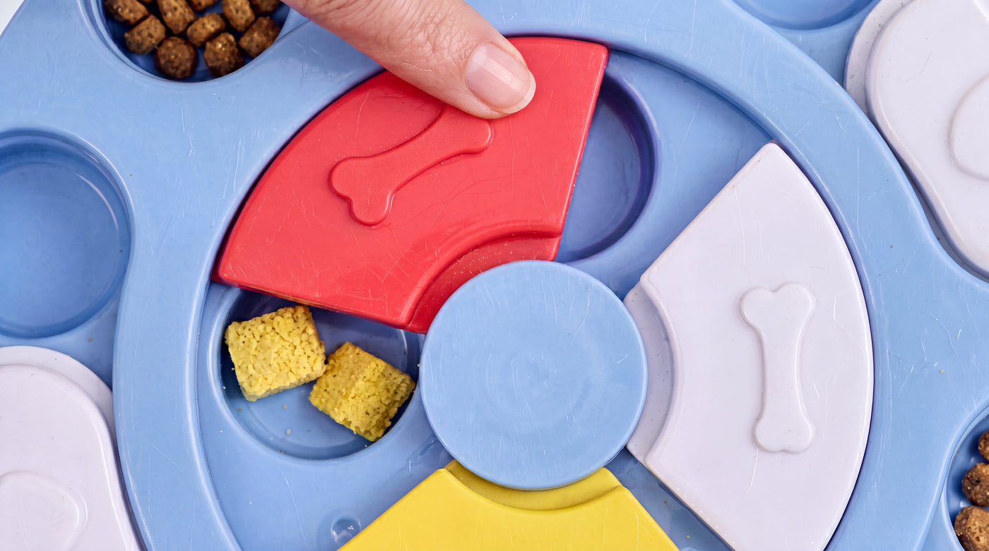 Sliding flap on interactive treat puzzle reveals treats – Malpetit
