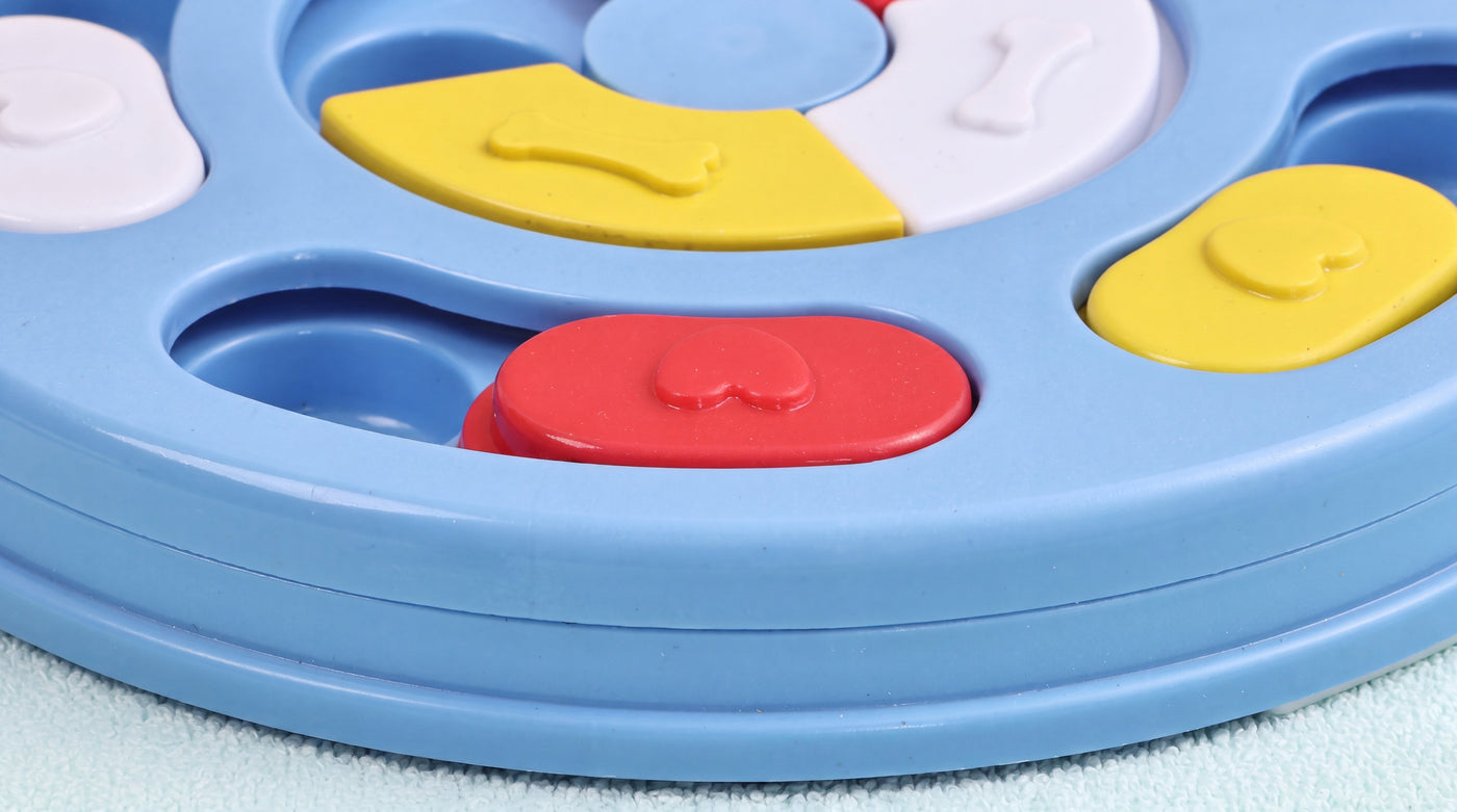 Interactive treat puzzle toy colorful sliding flaps close-up – Malpetit